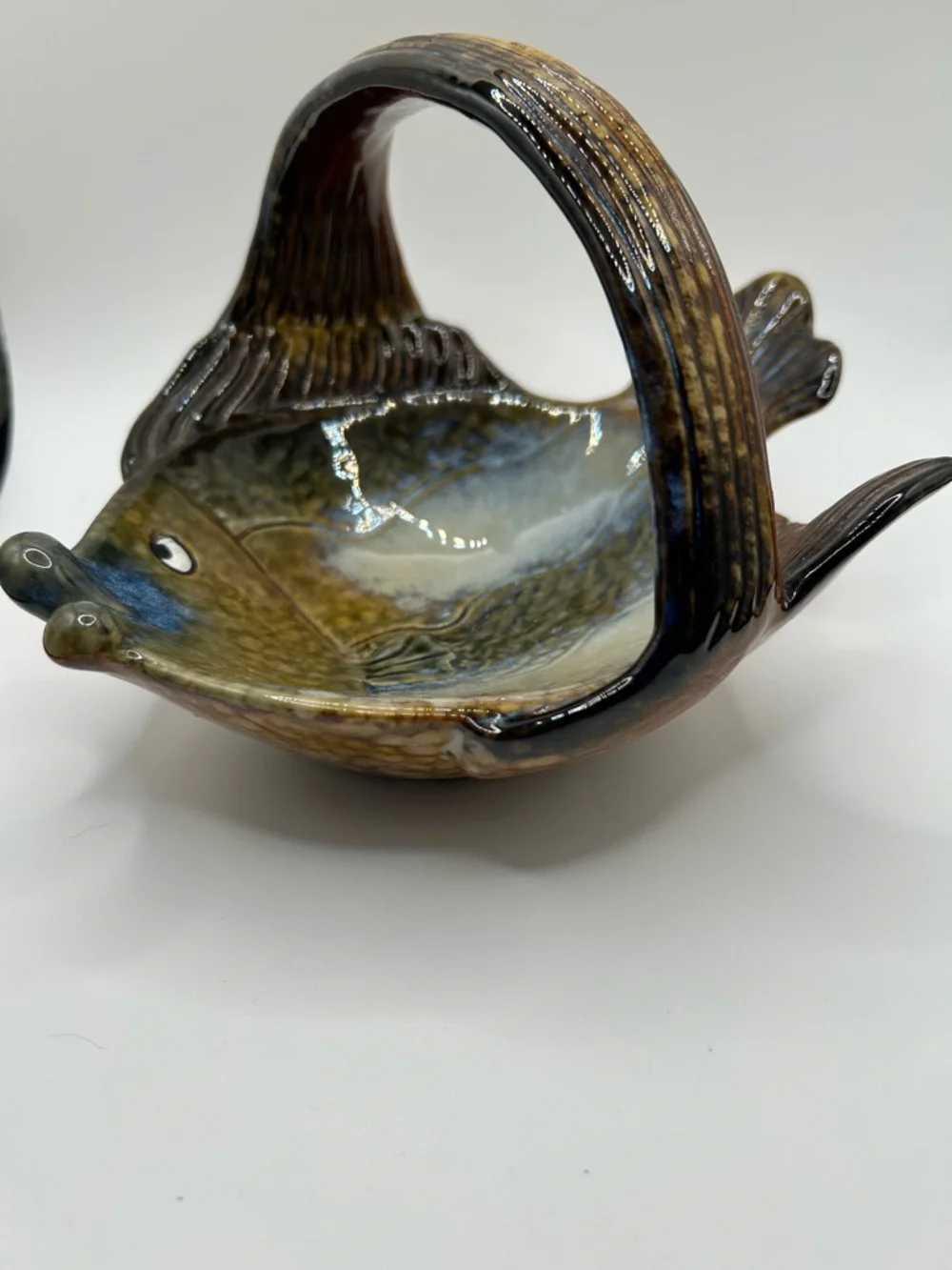 Vintage Handcrafted Ceramic Fish Bowl - Olive Green and Brown